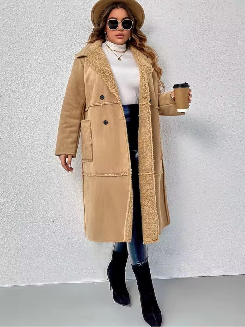 Plus Size 1X Double Breasted Faux Suede Shearling Womens Coat Jacket Winter Fall